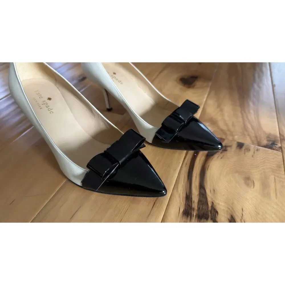 Kate Spade New York Women’s Lilian Pumps Ivory Black Toe Bow Size 5.5